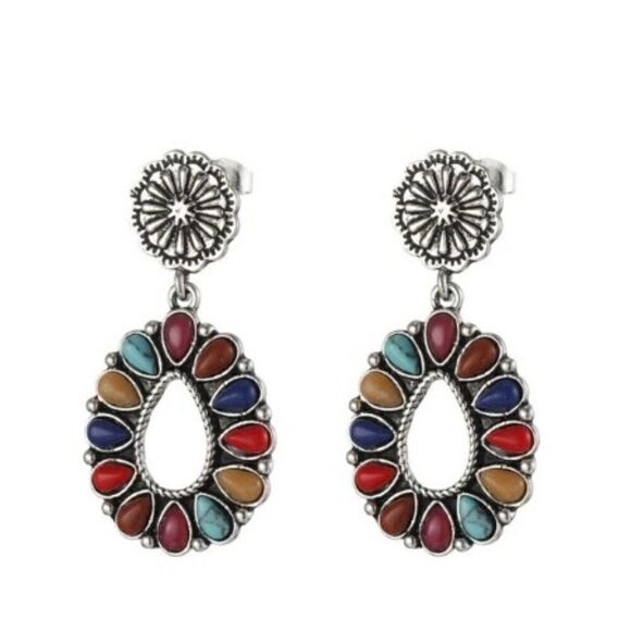 MULTICOLORED SILVER SANTA FE STYLE WATER DROP EARRINGS - Picture 2 of 4